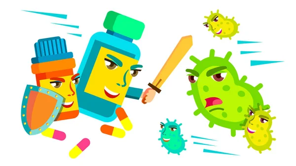 药丸战斗与剑和盾牌对细菌攻击它, 医疗保护概念向量。孤立的动画片例证 — 图库矢量图片