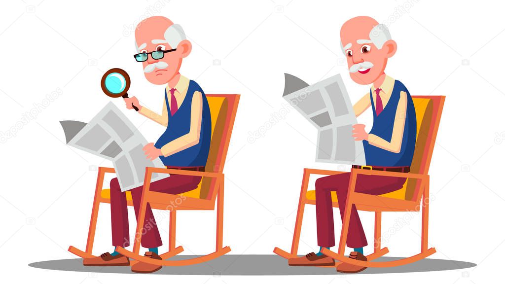 Visually Impaired Elderly Man Reading A Book Through A Magnifying Glass Vector. Isolated Cartoon Illustration