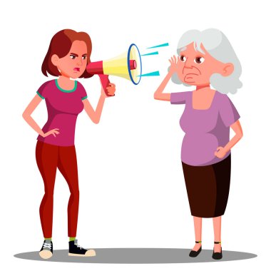 Engelli yaşlı kadın vektör duymak için çığlık kız. İllüstrasyon izole karikatür
