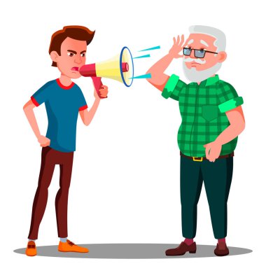 Adam Engelli yaşlı adam vektör duymak için çığlık. İllüstrasyon izole karikatür