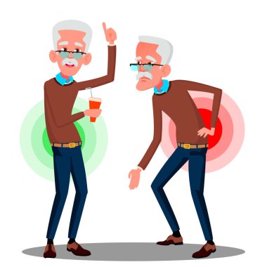 Sırt ağrısı, siyatik vektör yaşlı adamdan Bent. İllüstrasyon izole karikatür