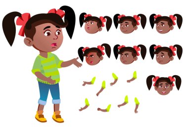 Kız, çocuk, çocuk, Genç vektör. Siyah. Afro Amerikalı. Güzel. Gençlik, beyaz. Duygular, çeşitli hareketler karşısında. Animasyon oluşturma küme. Düz çizgi film karakteri illüstrasyon izole