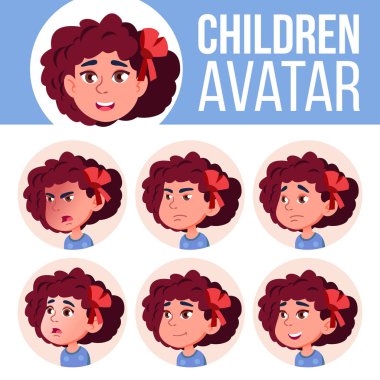 Kız Avatar Set çocuk vektör. Anaokulu. Yüz duygular. Web, kafa, kutsal kişilerin resmi. Güzellik, yaşam tarzı, dostu. Poster, Clipart. Karikatür Head illüstrasyon