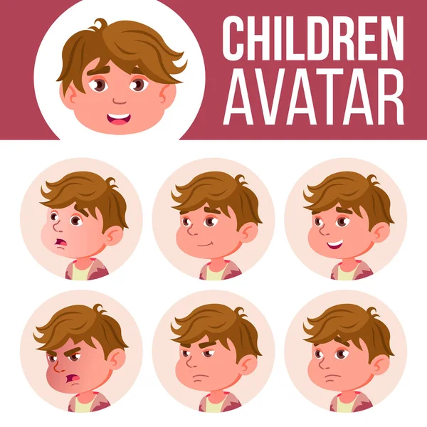 Boy Avatar Set Kid vektor. Mateřské školy. Tvář emoce. Karikatury, komiks, plochou. Malý, roztomilý, komické. Pohlednice, oznámení. Kreslený obrázek hlavy — Stockový vektor