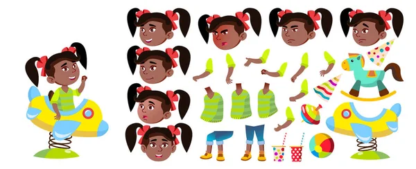 Mädchen Kindergarten Kind Vektor. Animationsset. schwarz. Afroamerikaner. Emotionen, Gesten. Babyausdruck. für Präsentation, Druck, Einladungsdesign. animiert. Isolierte Cartoon-Illustration — Stockvektor