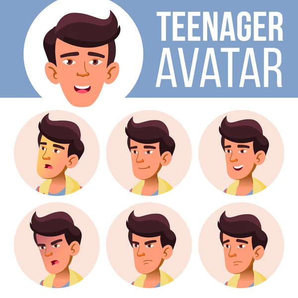 Asiática adolescente avatar set vector. Emociones faciales. Emocional. Casual, amigo. Ilustración de cabeza de dibujos animados — Vector de stock
