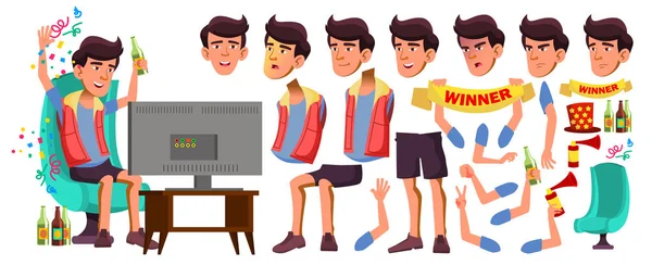 Asiatische Teenager Jungen Vektor. Animationsset. Gesicht Emotionen, Gesten. Freundlich, fröhlich. animiert. für Präsentation, Druck, Einladungsdesign. Isolierte Cartoon-Illustration — Stockvektor