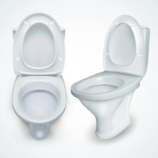 Τουαλέτα μπολ διάνυσμα. Λευκό καθαρό κεραμικά μπάνιο τουαλέτα. Απόψεις διαφορετικές οπτικές γωνίες. Ρεαλιστική σύγχρονο σπίτι αποχωρητηρίου Closeup Mockup εικονογράφηση — Διανυσματικό Αρχείο