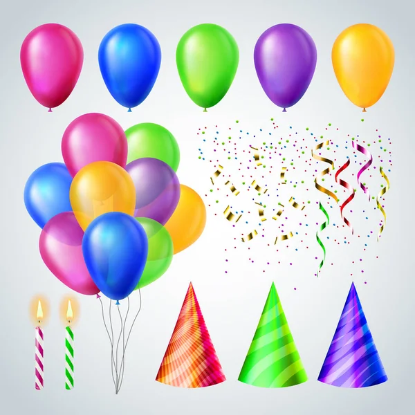 Kutlama Set vektör Accessorises. Mumlar, balonlar, parti şapkaları. Doğum günü veya tatil olay öğeleri dekorasyon. Gerçekçi illüstrasyon — Stok Vektör
