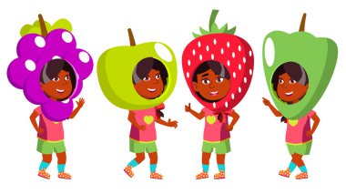 Kız Anaokulu çocuk Set vektör teşkil etmektedir. Hint, Hindu. Asya. Parti kostüm karnaval. Genç pozitif kişi. Güzellik. Afiş, el ilanı, broşür tasarımı için. İllüstrasyon izole karikatür