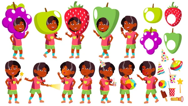 Niña Kindergarten Kid Poses Set Vector. Indio, hindú. Asiática. Carnaval de disfraces de fiesta. Expresión de bebé. Preescolar. Para Tarjeta, Anuncio, Diseño de Saludo. Ilustración de dibujos animados aislados — Archivo Imágenes Vectoriales