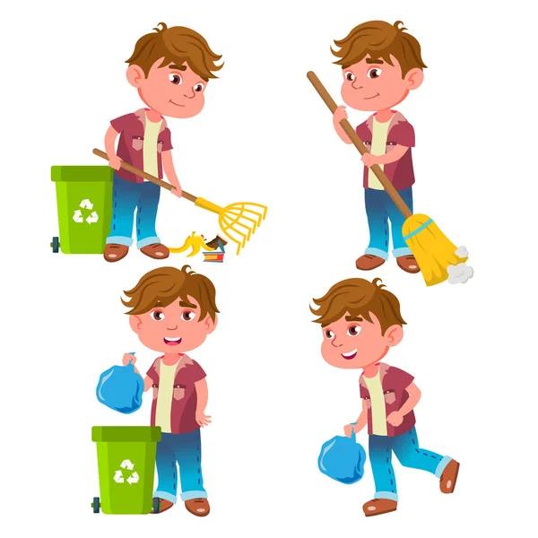 Jongen kleuterschool Kid vormt instellen Vector. Emotionele karakter. Helpen op de tuin. Schoonmaken. Garbagecollection, Recycling. Voor, uitnodiging, kaart presentatieontwerp. Geïsoleerde Cartoon afbeelding — Stockvector