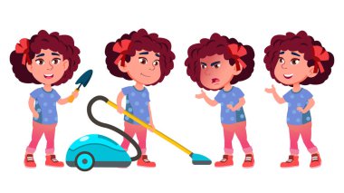 Kız Anaokulu çocuk Set vektör teşkil etmektedir. Evde yardım oynak olumlu küçük bebek. Tanıtım, baskı, davetiye tasarım için. İllüstrasyon izole karikatür