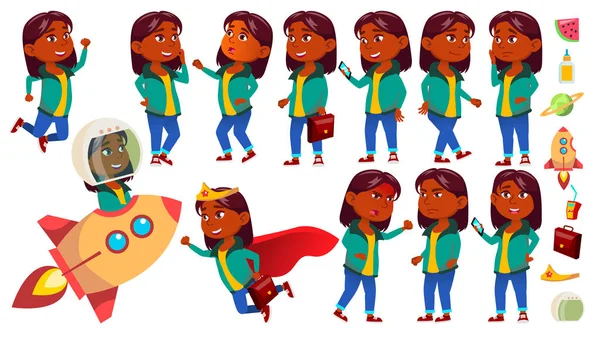 Girl Kid Poses Set Vector. Indio, hindú. Asiática. Niño de primaria. Idea, Arranque, Solución. Futuro. Expresión, Infancia Feliz, Persona Positiva. Para Banner, Flyer, Diseño de Folletos. Ilustración — Archivo Imágenes Vectoriales