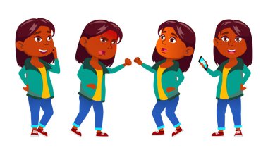 Kız çocuk Set vektör teşkil etmektedir. Hint, Hindu. Asya. Okul çocuk. Eğitim. Genç, tatlı, komik. Tanıtım, baskı, davetiye tasarım için. İllüstrasyon izole karikatür