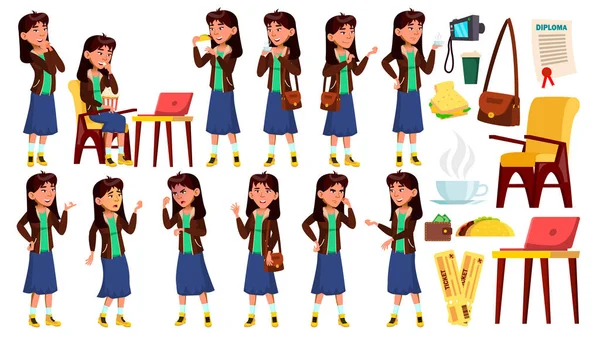Asiatische Teenager Mädchen posiert Set Vektor. Emotional, in Pose. blauer Rock. für Werbung, Plakat, Printdesign. Isolierte Cartoon-Illustration — Stockvektor