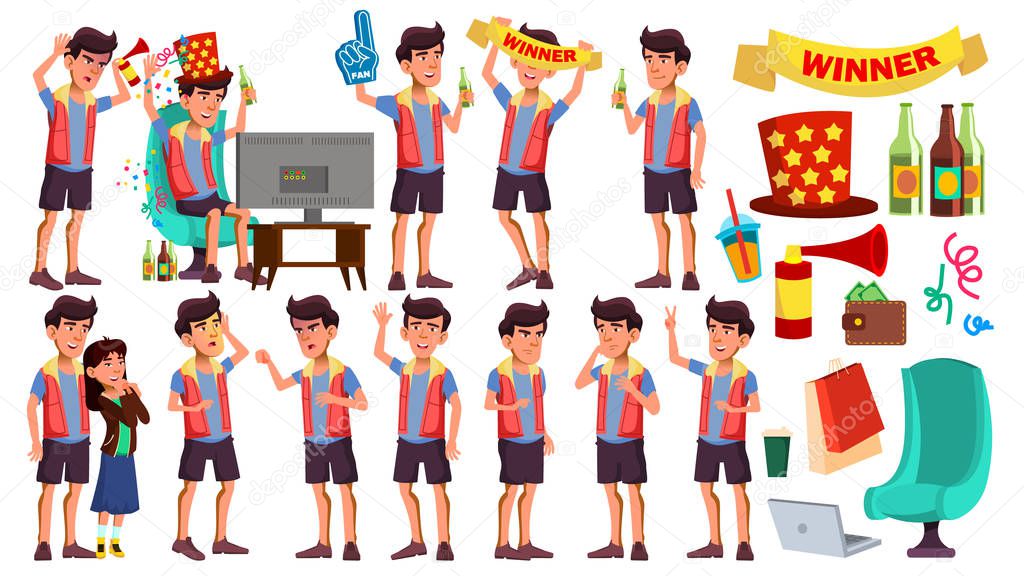 Asian Teen Boy Poses Set Vector. Leisure, Smile. Lifesstyle. Watching Sport Match With Beer. For Web, Brochure, Poster Design. Isolated Cartoon Illustration