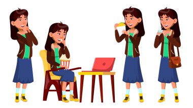 Asyalı Genç kız Set vektör teşkil etmektedir. Yemek, aşk, hayat filmi izlerken. Mavi etek. Sunum, davet, kart tasarımı için. İllüstrasyon izole karikatür