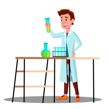 Laboratuvar teknisyeni adam tıbbi vektör büyüyen. İllüstrasyon izole karikatür