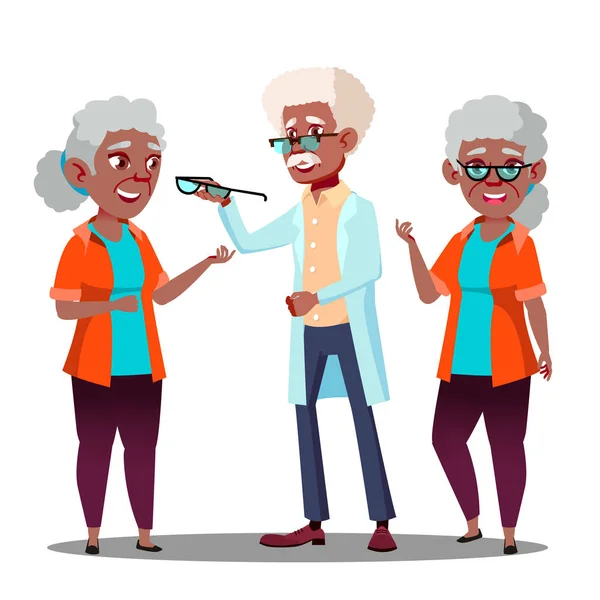 Black Afro American Oculist Doctor Giving Glasses To Old Woman Patient With Vision Problem Vector. Isolated Cartoon Illustration