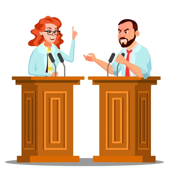 Two Doctor Argue Behind The Tribune With Microphone At Conference Vector. Isolated Cartoon Illustration — Stock Vector