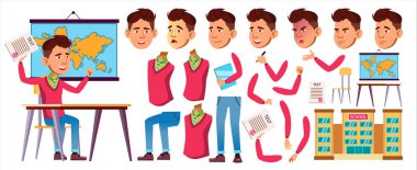 Asyalı çocuk okul çocuğu vektör. Lise çocuk. Animasyon oluşturma küme. Duygular, hareketleri karşısında. Çocuk öğrenci. Sınıf, Resepsiyon. Reklam, afiş, baskı tasarımı için. Animasyonlu izole illüstrasyon