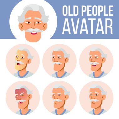Avatar Set vektör Asya ihtiyar. Yüz duygular. Üst düzey kişi portre. Yaşlı insanlar. Yaşlı. Yüz, insanlar. Etkin, Joy. Karikatür Head illüstrasyon
