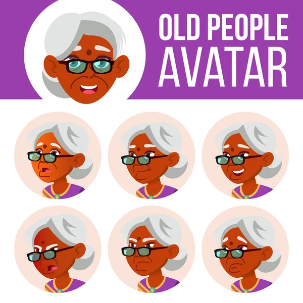 Indian Old Woman Avatar Set Vector. Hindú. Asiática. Emociones faciales. Retrato de persona mayor. Personas mayores. Envejecido. Emociones, Emocionales. Ocio, Sonríe. Ilustración de cabeza de dibujos animados — Archivo Imágenes Vectoriales