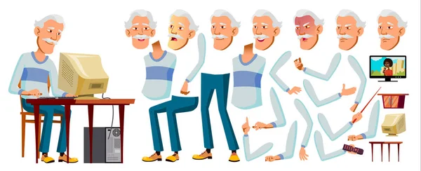 Asyalı yaşlı adam vektör. Üst düzey kişi portre. Yaşlı insanlar. Yaşlı. Animasyon oluşturma küme. Duygular, hareketleri karşısında. Güzel emekli. Hayat. Tasarım tebrik. Animasyon. İllüstrasyon izole karikatür — Stok Vektör