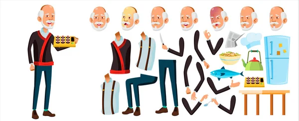Asyalı yaşlı adam vektör. Üst düzey kişi portre. Yaşlı insanlar. Yaşlı. Animasyon oluşturma küme. Duygular, hareketleri karşısında. Komik adam. Boş zaman. Kapak tasarımı. Animasyon. İllüstrasyon izole karikatür — Stok Vektör