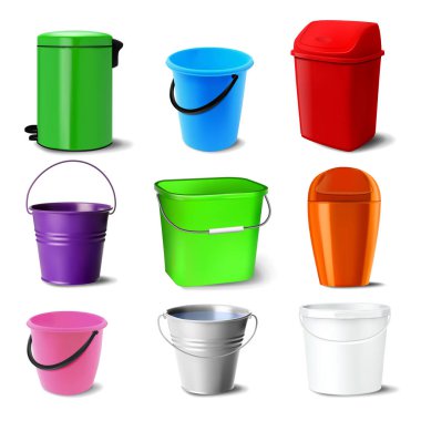 Kova Set vektör. Bucketful farklı türleri. Klasik kavanoz kolu, teneke, Bitbucket plastik ve Metal kova boş. Bahçe, ev, Ofis donanımı. Gerçekçi illüstrasyon izole