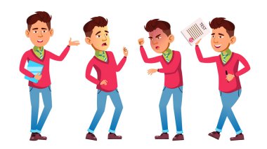 Asyalı çocuk Set vektör teşkil etmektedir. Lise çocuk. Sınıf arkadaşı. Hayat, duygusal, poz. Web, broşür, afiş tasarımı için. İllüstrasyon izole karikatür