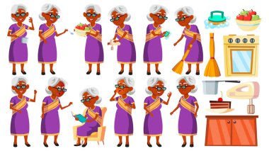 Sari Hintli yaşlı kadın Set vektör teşkil etmektedir. Yaşlı insanlar. Hindu. Asya. Üst düzey kişi. Yaşlı. Neşeli büyükbaba veya büyükanne. Sunum, davet, kart tasarımı. İllüstrasyon izole karikatür