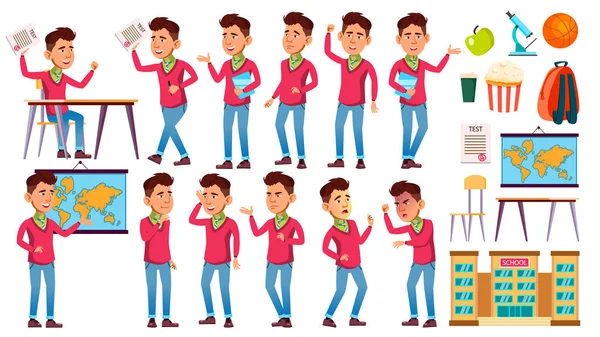 Asiático colegial chico poses set vector. Niño de secundaria. Estudio de niños. Sonríe, Actividad. Para Web, Folleto, Diseño de Carteles. Ilustración de dibujos animados aislados — Archivo Imágenes Vectoriales