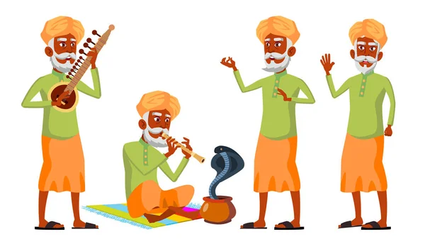インドの古い男のポーズ設定のベクトル。ヒンドゥー教。アジア。高齢者。上級者。高齢者します。ヘビのコブラのダンス。ごあいさつ、お知らせデザインの広告。孤立した漫画の実例 — ストックベクタ