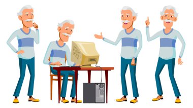 Asyalı yaşlı adam vektör ayarlayın. Yaşlı insanlar. Üst düzey kişi. Yaşlı. Etkin büyükbaba veya büyükanne. Sevinç. Sunum, baskı, davetiye tasarım. İllüstrasyon izole karikatür