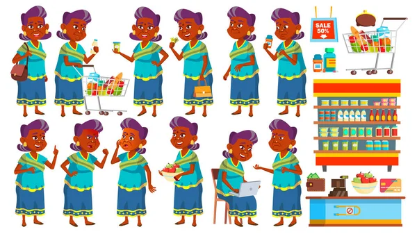 Poses Indienne Vieille Femme Set vecteur. Personnes âgées Shopping. Hindou. Asiatique. Senior Person In Sari. Agé. Belle retraitée. La vie. Présentation, impression, conception d'invitation. Illustration de bande dessinée isolée — Image vectorielle