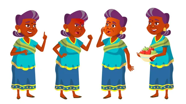 Hint yaşlı kadın Set vektör. Yaşlı insanlar. Hindu. Asya sari. Üst düzey kişi. Yaşlı. Komik adam. Boş zaman. Kartpostal, duyuru, kapak tasarımı. İllüstrasyon izole karikatür
