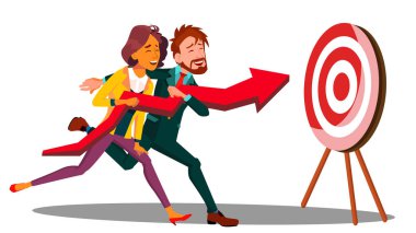 Ekip çalışması vektör. İşadamı ve bir ok tutarak ve hedef dalan kadın çalışıyor. İllüstrasyon