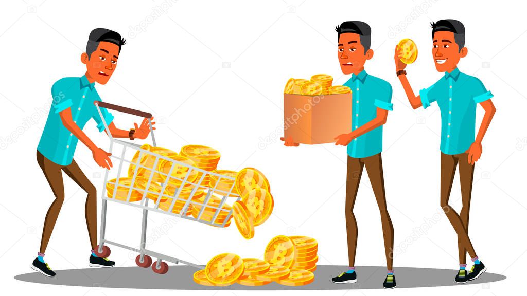 Angry Businessman Carries A Bunch Of Bitcoin In A Trolley And Dumps Them In A Landfill Vector. Illustration