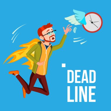 Son tarih vektör. İşadamı yangında saat Kanatlı uçan ellerinizle yakalamak. İllüstrasyon