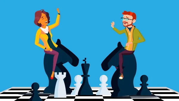 Конкурсный вектор. Бизнесмен и деловая женщина верхом на шахматных лошадях черно-белые, чтобы встретить друг друга. Иллюстрация — стоковый вектор