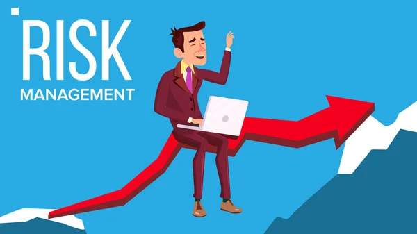 Kockázat kezelési vektor. Ül a Laptop piros nyíl mint híd két szikla között üzletember. Illusztráció — Stock Vector