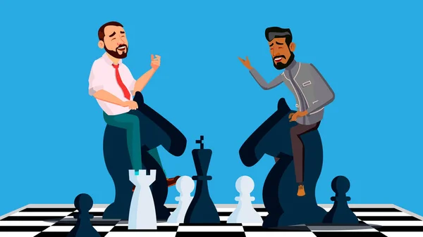 Business Competition Vector. Deux hommes d'affaires chevauchant des chevaux d'échecs noir et blanc pour se rencontrer. Illustration — Image vectorielle