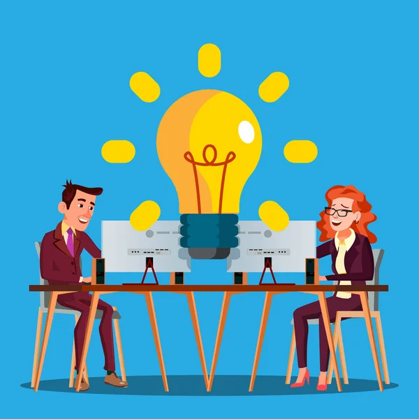 Teamwork Vector. Female And Male Characters Lighting A Large Yellow Light Bulb. Illustration — Stock Vector