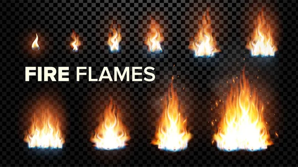Fogo chama definir vetor. Diferentes estágios de animação. Luz de queima com efeito faíscas. Fiery Heat e Bonfire Flares Design. Isolado em fundo transparente ilustração realista — Vetor de Stock
