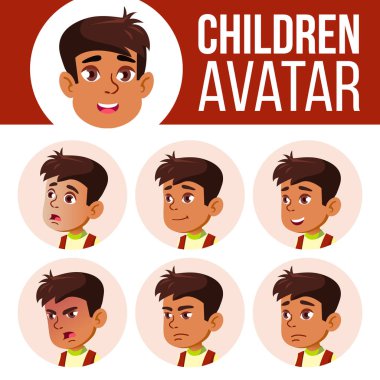 Arap, Müslüman çocuk Avatar Set çocuk vektör. İlköğretim Okulu. Yüz duygular. Kullanıcı, karakter. Gezi, gülümseme. Düzen, reklam. Karikatür Head illüstrasyon