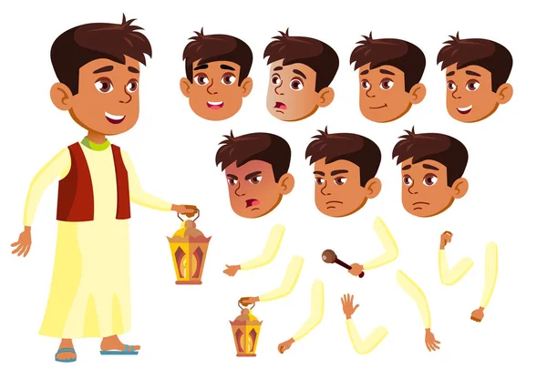 Araber, muslimische Teenager-Jungen-Vektor. Teenager. Spaß, Heiterkeit. Gesicht Emotionen, verschiedene Gesten. Animationsset. isoliert flache Zeichentrickfigur Illustration — Stockvektor