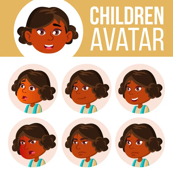 Indian Girl Avatar Set Kid Vector. Jardín de infantes. Hindú. Asiática. Emociones faciales. Emocional, facial, gente. Infantil, guardería. Diseño, Publicidad. Ilustración de cabeza de dibujos animados — Vector de stock