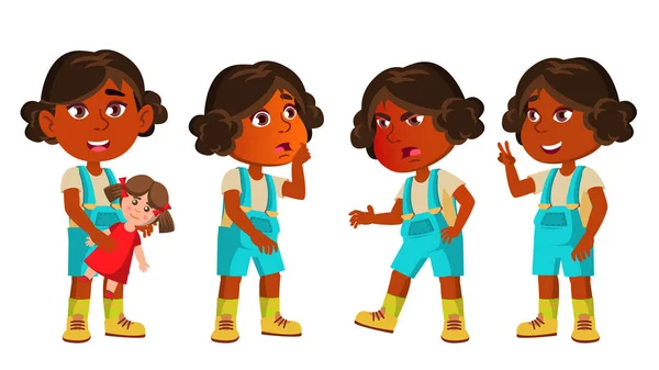 Menina indiana jardim de infância Kid Poses Set Vector. Hindu. Asiática. Personagem de crianças bonitas felizes. Brincando com boneca. Para publicidade, livreto, Placard Design. Ilustração de desenhos animados isolados — Vetor de Stock